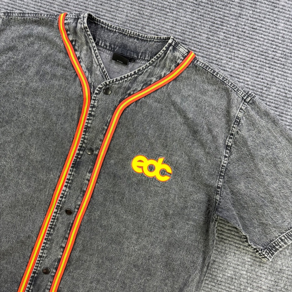 Insomniac EDC Baseball Jersey Acid Wash Denim Grey Orange Men Large Festival